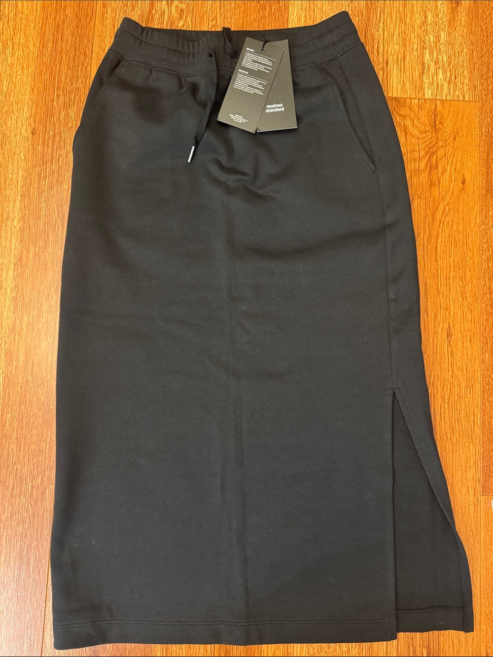 Black Midi Pencil Skirt with Side Slit and Drawstring Waist